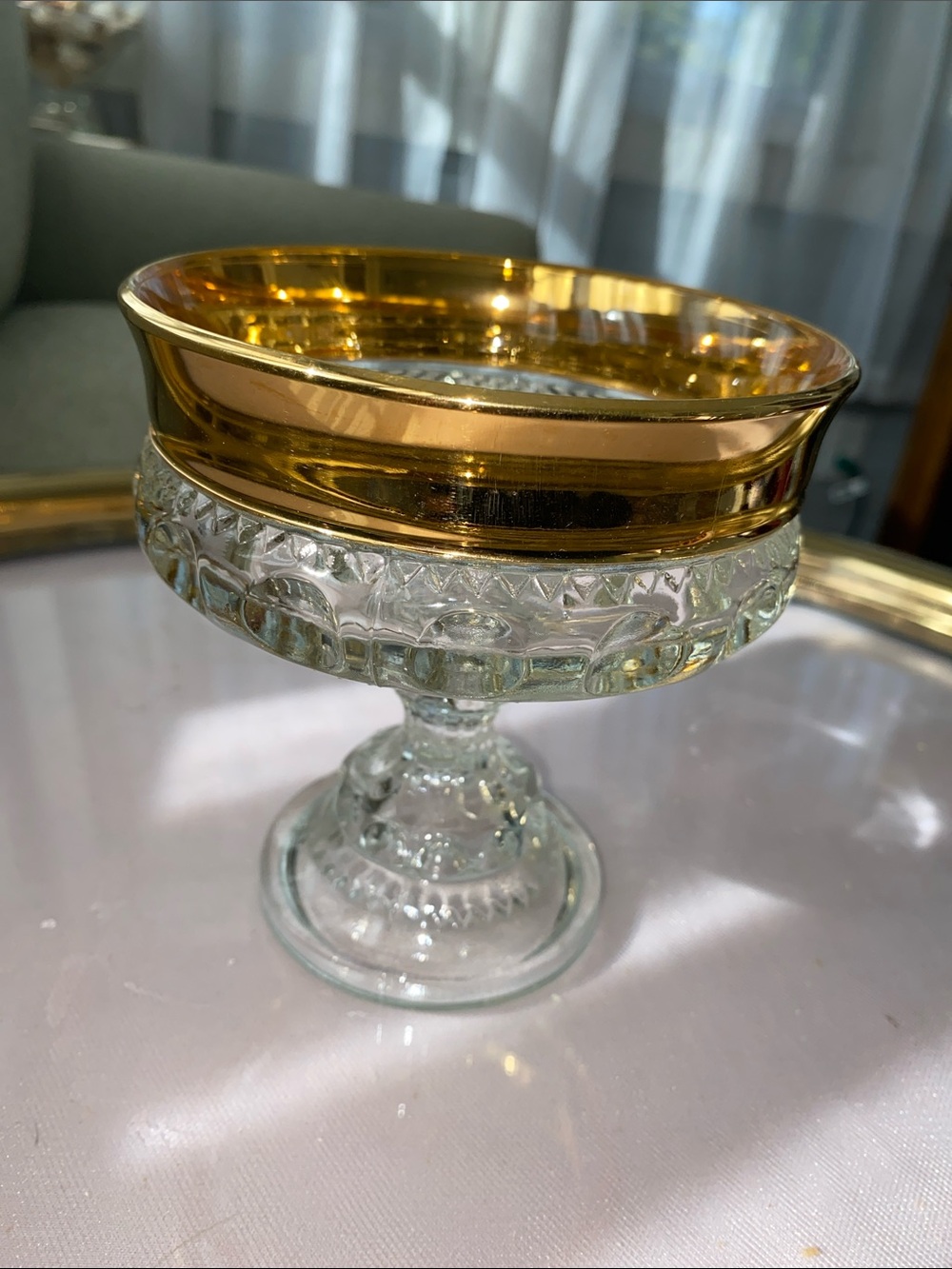 Vintage Indian  glass kings crown Gold Trim candy dish/candle holder